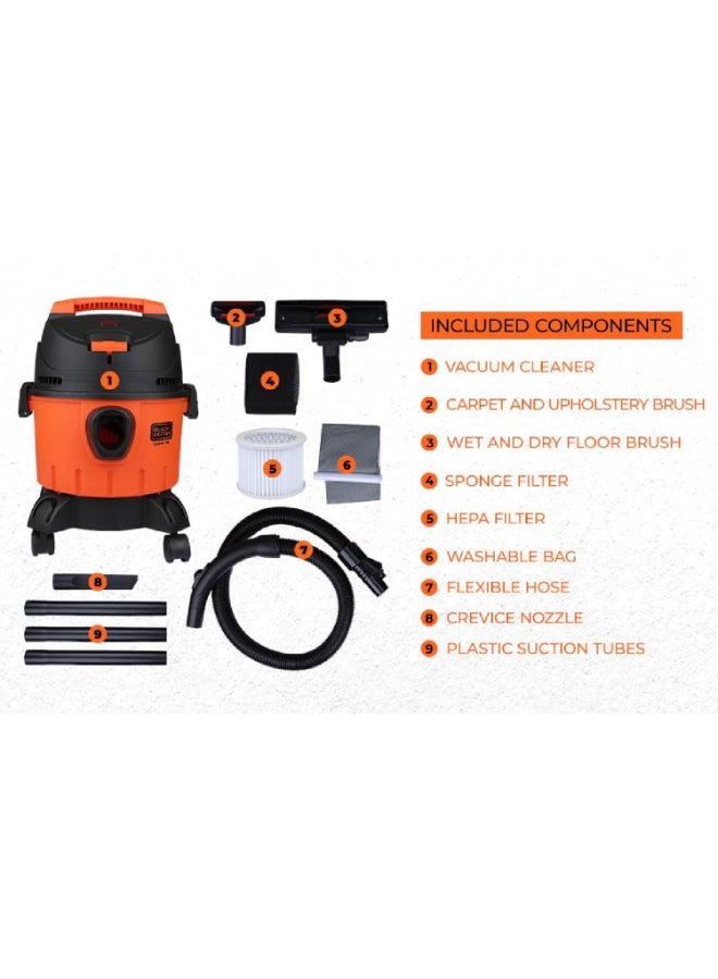 بلاك اند ديكر مكنسة كهربائية اسطوانية رطبة وجافة ، 1200 واط، سعة 10 ليتر، سلك بطول 5 أمتار،  فلتر HEPA مضاد للحساسية والغبار، قابل للغسل، خاصية نفخ الهواء ، سهلة التركيب، WDBD10-B5 10 L 1200 W WDBD10-B5 برتقالي/أسود - Image 2