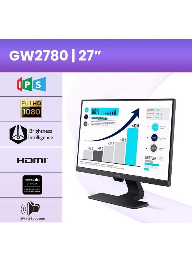 BenQ - 27 inch (68 cm) 1920 x 1080 Pixels IPS Full HD Ultra-Slim Bezel Monitor- Eye Care, Anti-Glare, Brightness Intelligence, Speakers, Low Blue Light, HDMI, DP, VESA Wall Mountable GW2780 Black - Image 1