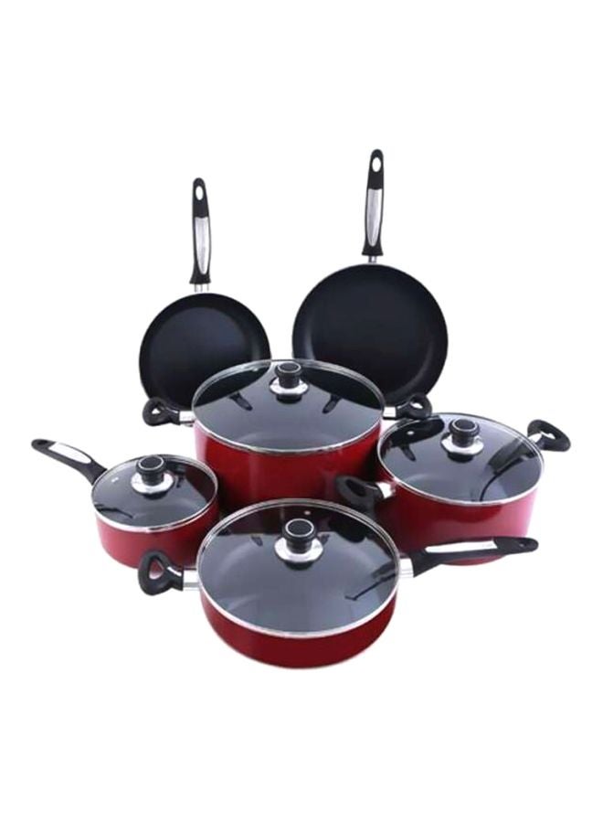 Royalford 10-Piece Almunium Cookware Set includes Casserole +Lid (30x15cm),Casserole +Lid (24x12cm),Saucepan +Lid (18x8.5cm),Deep Fry pan +Lid (26x7cm), Fry Pan(28x5.2cm),Fry Pan(24x4.5cm) Red  - Image 1
