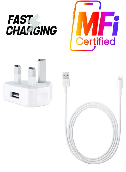 USB Wall Charger With Lightning Data Sync Charging Cable White