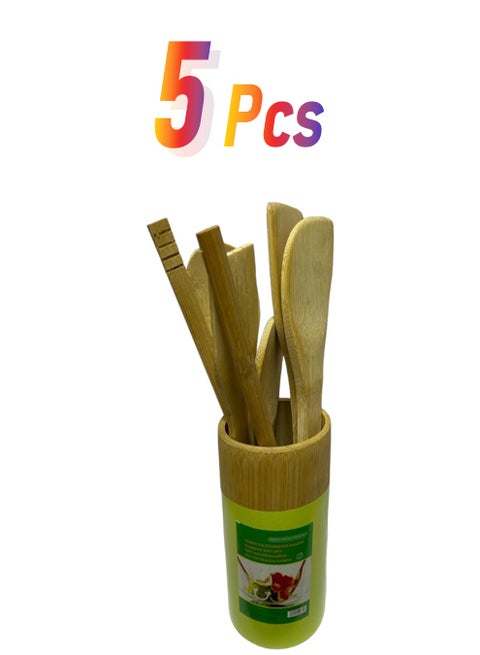 5-Piece Spoon And Wooden Holder Set Green standard