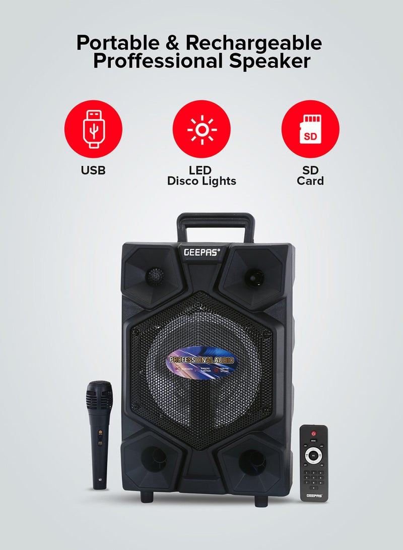 GEEPAS - 8 Inch Trolley Bluetooth  Professional Speaker- One-Wired Microphone, Battery Rechargeable | Karaoke DJ Speaker With LED Lights |USB And Auxiliary Inputs GMS8575 Black - Image 1