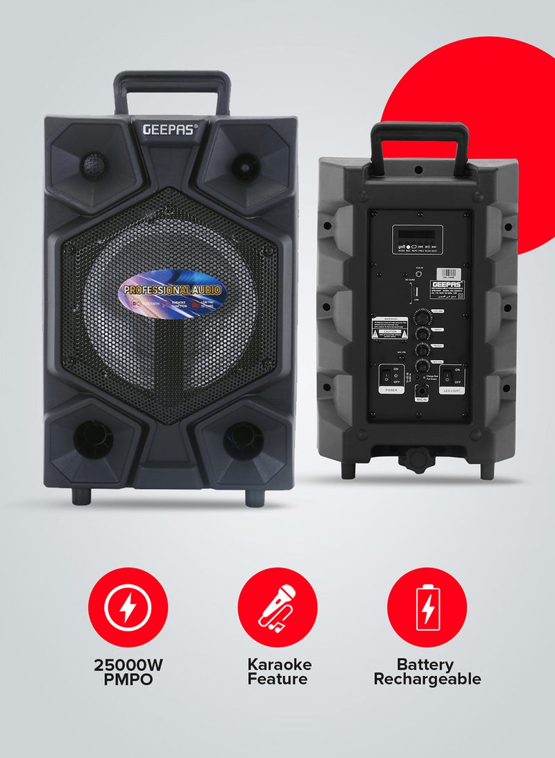 GEEPAS - 8 Inch Trolley Bluetooth  Professional Speaker- One-Wired Microphone, Battery Rechargeable | Karaoke DJ Speaker With LED Lights |USB And Auxiliary Inputs GMS8575 Black - Image 1