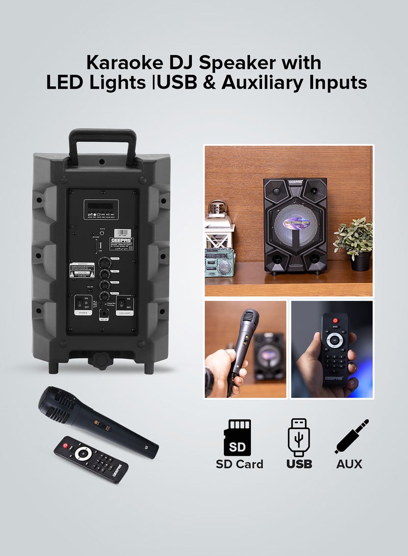GEEPAS - 8 Inch Trolley Bluetooth  Professional Speaker- One-Wired Microphone, Battery Rechargeable | Karaoke DJ Speaker With LED Lights |USB And Auxiliary Inputs GMS8575 Black - Image 1