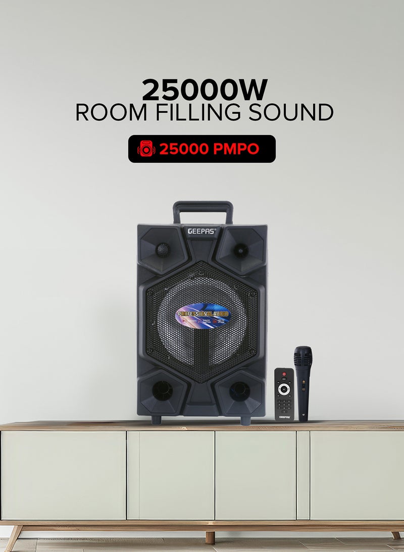 GEEPAS - 8 Inch Trolley Bluetooth  Professional Speaker- One-Wired Microphone, Battery Rechargeable | Karaoke DJ Speaker With LED Lights |USB And Auxiliary Inputs GMS8575 Black - Image 1