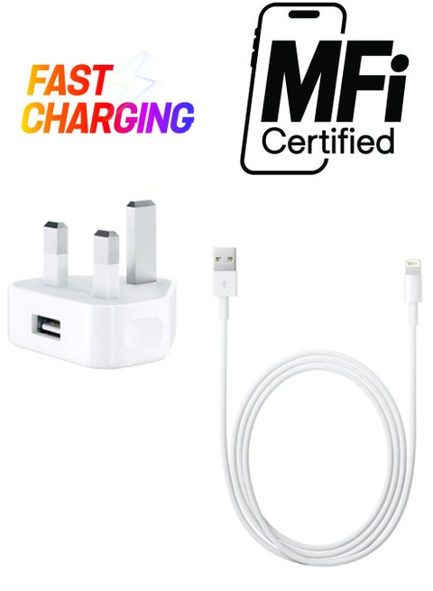USB Wall Charger With Lightning Data Sync Charging Cable White