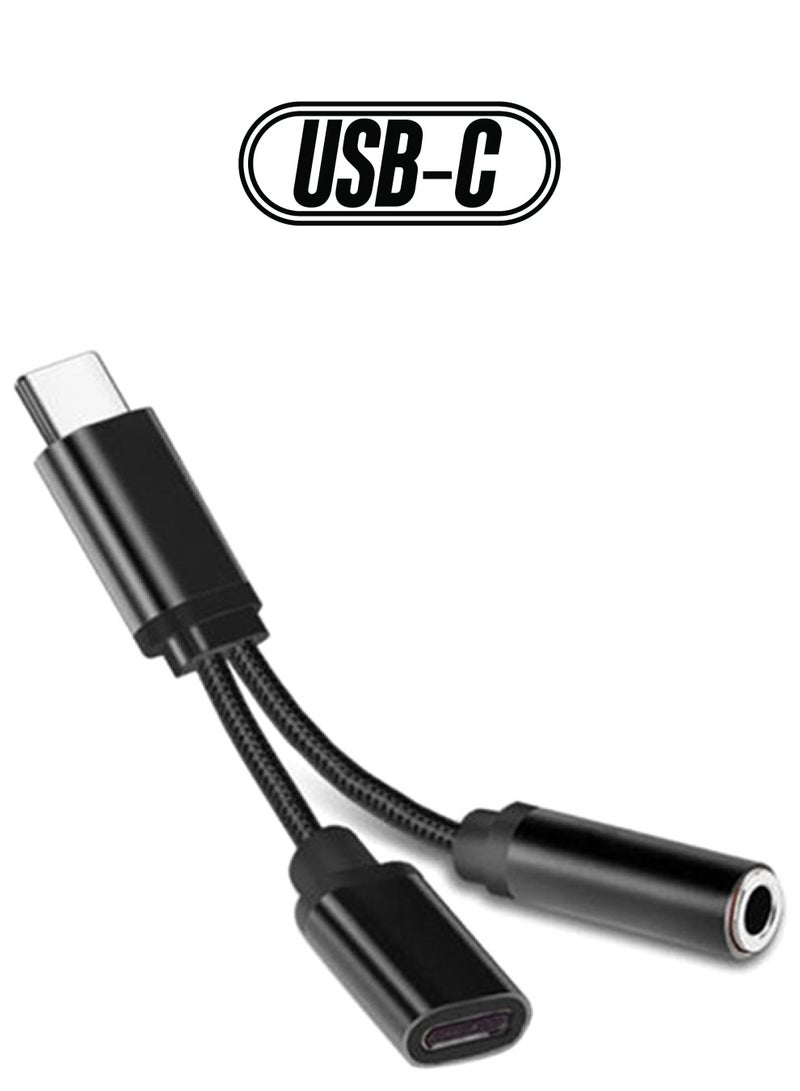 2 In 1 USB Type-C Charging Cable With Audio Cable Black