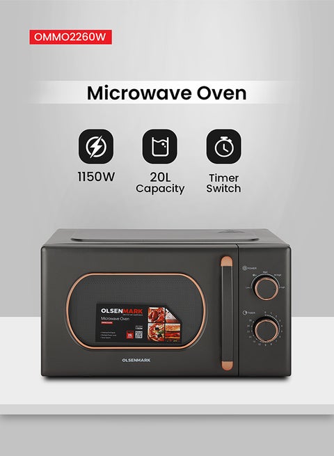 20 L Microwave Oven Turntable Plate, Multiple Power Levels and Cooking Stages, Defrost Function, 30-Min Timer, Cooking End Signal 20 L 1100 W OMMO2260W Grey
