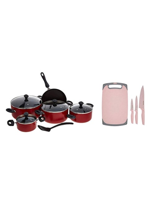 14-Piece Classique Non Stick Shatterproof Toughened Glass With Reinforced Metal Cookware Set With Cutting Board And Tool Set Includes 1xCasserole With Lid 20cm, 1xCasserole With Lid 24 cm, 1xCasserole With Lid 26 cm, 1xCasserole With Lid 28 cm, 1xFrying Pan 24 cm, 1xSpatula, 1xCutting Board And 3 kitchen Knife Tools Red