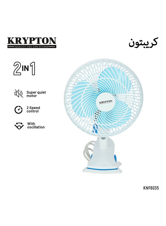 KRYPTON - 8 Inch Table Fan/ Clip Fan with 2 Speed Settings, Super Quiet Motor, Oscillating/Rotating And Static Feature, Safety Net Cover Design and Precision Plastic KNF6035NV White/Blue - Image 1