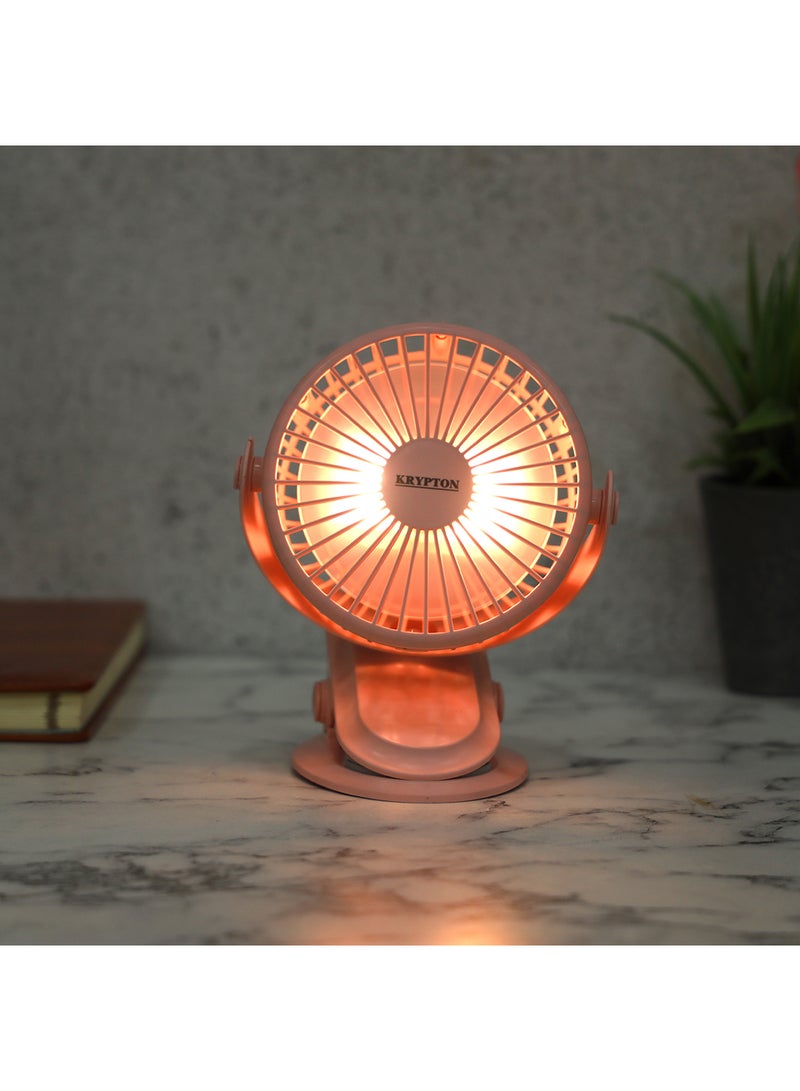 KRYPTON - 5" Rechargeable Mini Fan with LED Light | Long Working Hours and 3 Wind Speed/ Powerful and Efficient Cooling, High Performance 1500mAh Lithium Battery, Perfect for Home, Office, Study Room, etc.  | 2 Years Warranty KNF6037 Pink - Image 1