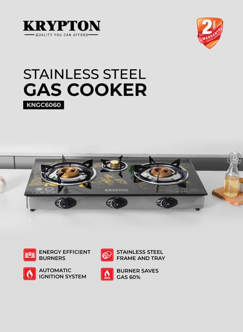 Triple Burner Gas Stove with 7mm Tempered Glass Top, Cast Iron Burners, Brass Caps, Auto Ignition, Stainless Steel Frame, Easy Clean Tray – Heavy Duty Gas Cooker KNGC6060 Black/Silver