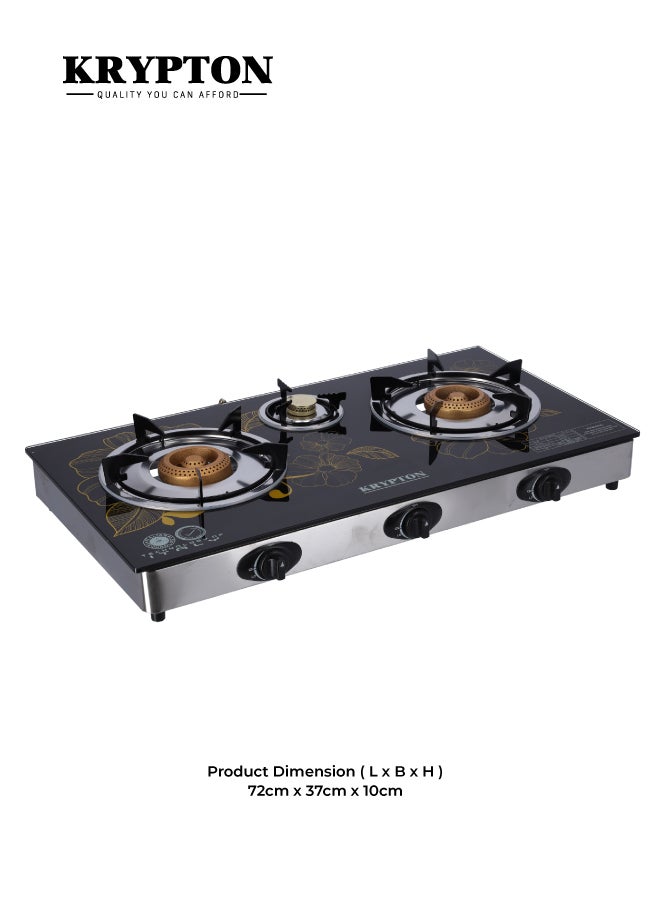 KRYPTON Triple Burner Gas Stove with 7mm Tempered Glass Top, Cast Iron Burners, Brass Caps, Auto Ignition, Stainless Steel Frame, Easy Clean Tray – Heavy Duty Gas Cooker KNGC6060 Black/Silver - Image 5