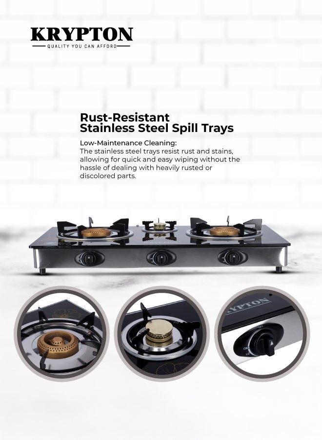 KRYPTON Triple Burner Gas Stove with 7mm Tempered Glass Top, Cast Iron Burners, Brass Caps, Auto Ignition, Stainless Steel Frame, Easy Clean Tray – Heavy Duty Gas Cooker KNGC6060 Black/Silver - Image 4