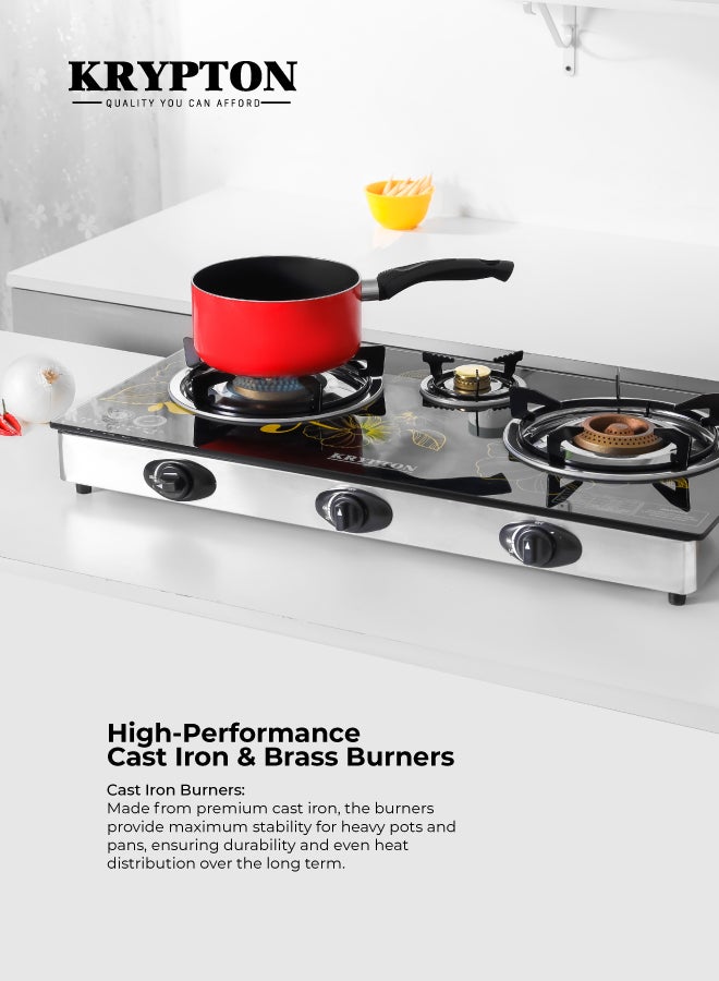 KRYPTON Triple Burner Gas Stove with 7mm Tempered Glass Top, Cast Iron Burners, Brass Caps, Auto Ignition, Stainless Steel Frame, Easy Clean Tray – Heavy Duty Gas Cooker KNGC6060 Black/Silver - Image 2