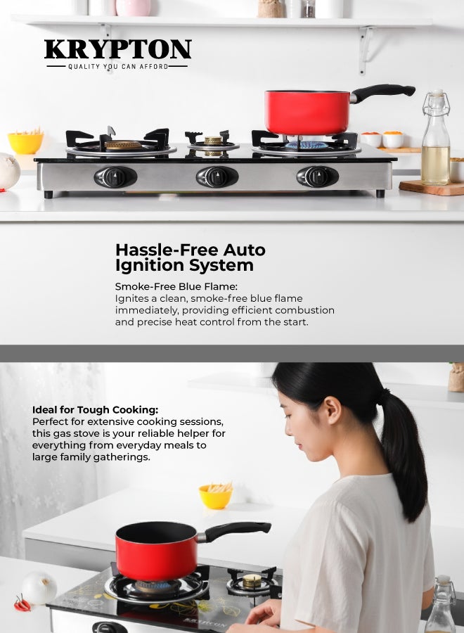 KRYPTON Triple Burner Gas Stove with 7mm Tempered Glass Top, Cast Iron Burners, Brass Caps, Auto Ignition, Stainless Steel Frame, Easy Clean Tray – Heavy Duty Gas Cooker KNGC6060 Black/Silver - Image 3