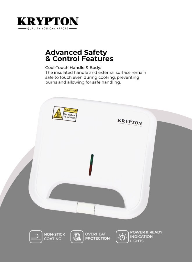 KRYPTON Slice Sandwich Maker with Cool Touch Handle, Indicator Light, Automatic Temperature Control and Non-Stick Coating Plate and Compact Size 750 W KNSM6063 White/Black - Image 3
