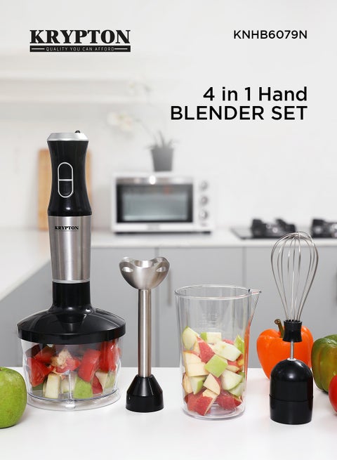 4 In 1 Hand Blender Set With Stainless Steel Blade, 2 Speed Options, 500 ML Cup And 600 ML Chopper KNHB6079N White/Black/Clear