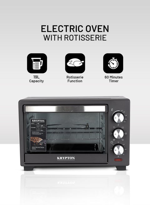 Electric Oven with Rotisserie Function, 60 Minutes Timer, Powerful Heating, Non-Step Temperature Control / Stainless Steel Heating Elements, Heat-Resistant Tempered Glass Window & Auto Shut-off 19 L 1380 W KNO6096 Black/Silver/Clear