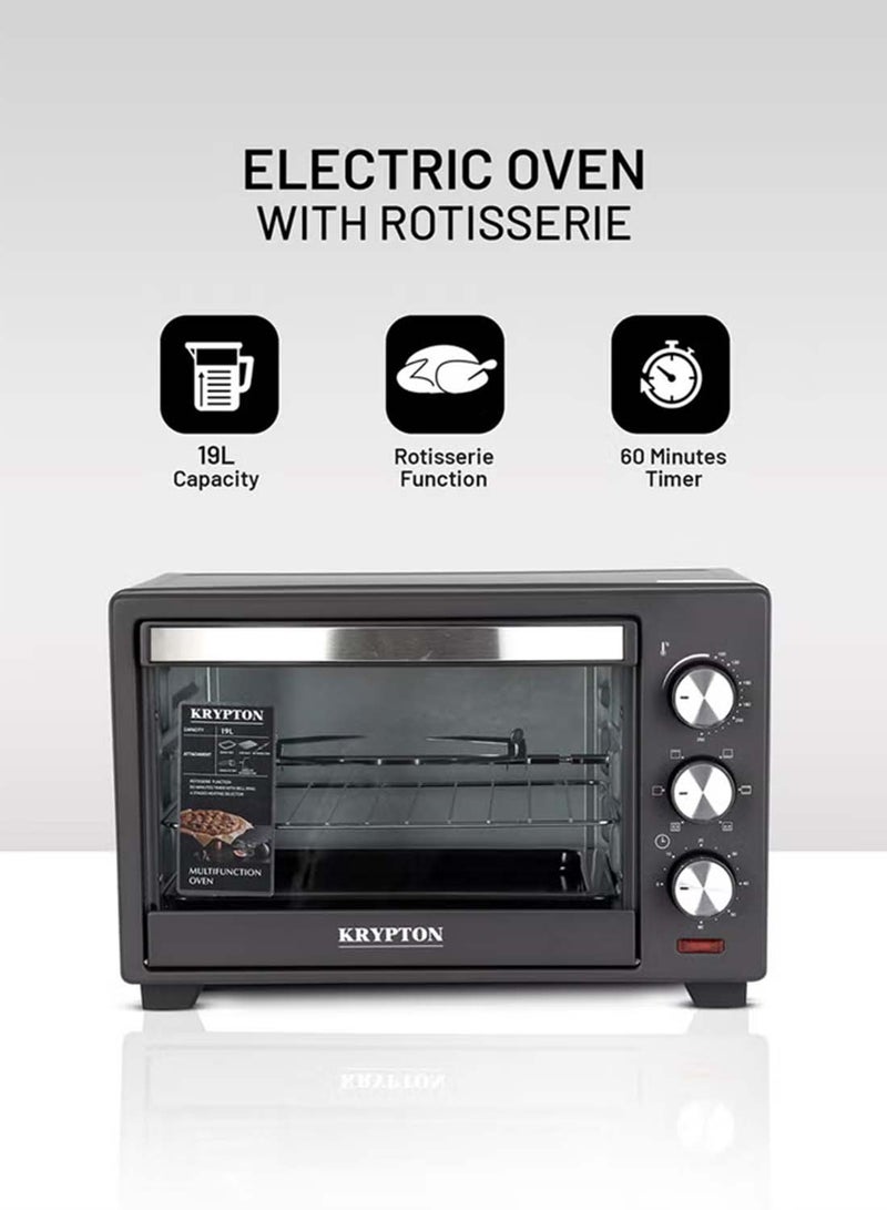 KRYPTON Electric Oven with Rotisserie Function, 60-Minute Timer, 6 Power Levels, Adjustable Non-Step Temperature Control, Stainless Steel Heating Elements, Heat-Resistant Tempered Glass Door, Auto Shut-Off, Compact Countertop Design 19 L 1280 W KNO6096 Black/Silver/Clear - Image 1