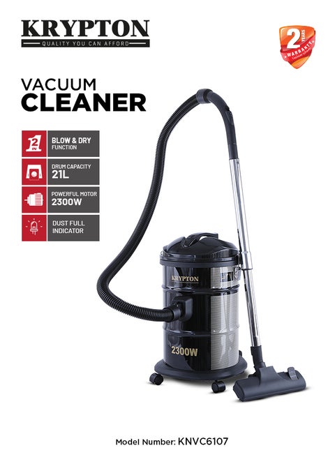 Drum Vacuum Cleaner with Dry & Blow Function/Large Dust Bag Capacity & Dust Bag  full indicator, Wider & Flexible Hose 21 L 2300 W KNVC6107 Black