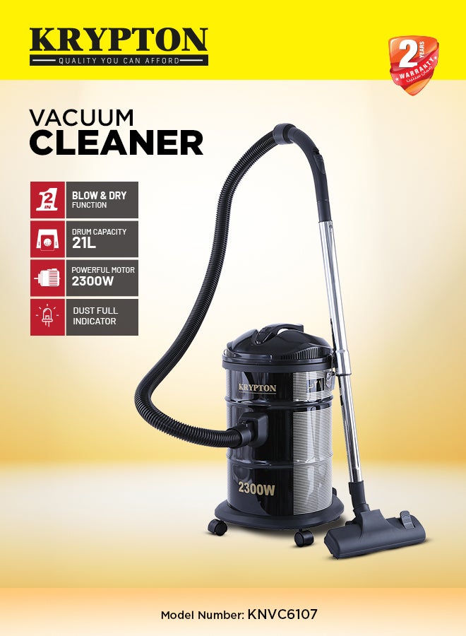 KRYPTON Drum Vacuum Cleaner with Dry & Blow Function/Large Dust Bag Capacity & Dust Bag  full indicator, Wider & Flexible Hose 21 L 2300 W KNVC6107 Black - Image 2