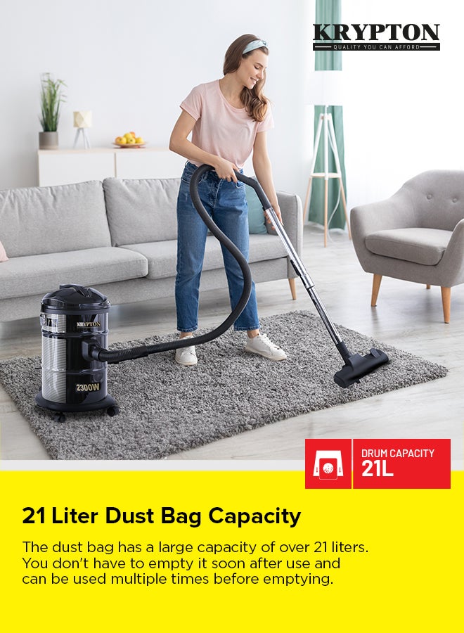KRYPTON Drum Vacuum Cleaner with Dry & Blow Function/Large Dust Bag Capacity & Dust Bag  full indicator, Wider & Flexible Hose 21 L 2300 W KNVC6107 Black - Image 4