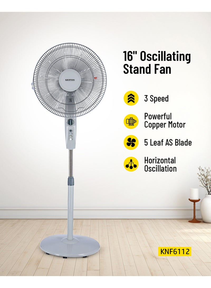 KRYPTON 16" Oscillating Stand Fan | 3-Speed Settings | Adjustable Height | Tilting Head | Electric Floor Fan for Home & Office 16 kg 60 W KNF6112 White - Image 1