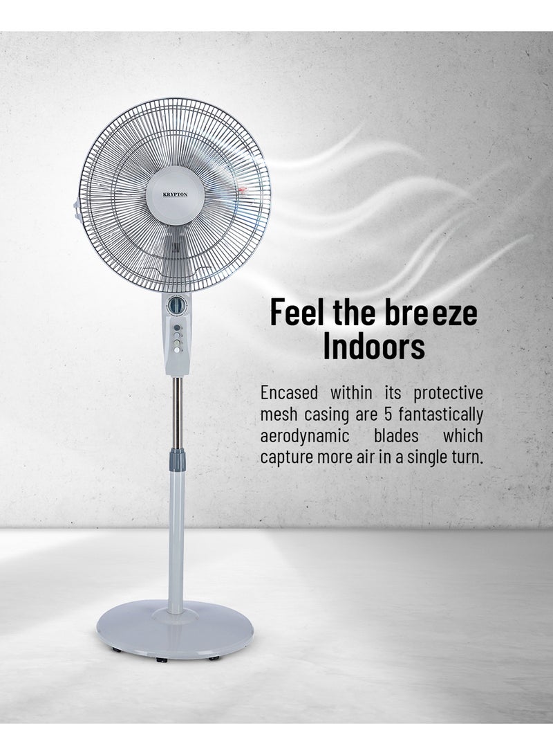 KRYPTON 16" Oscillating Stand Fan | 3-Speed Settings | Adjustable Height | Tilting Head | Electric Floor Fan for Home & Office 16 kg 60 W KNF6112 White - Image 4