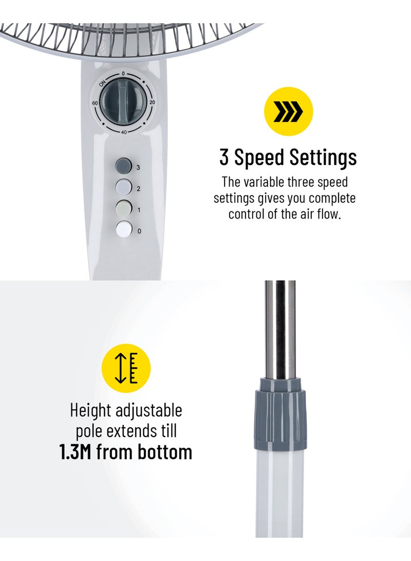 KRYPTON 16" Oscillating Stand Fan | 3-Speed Settings | Adjustable Height | Tilting Head | Electric Floor Fan for Home & Office 16 kg 60 W KNF6112 White - Image 2