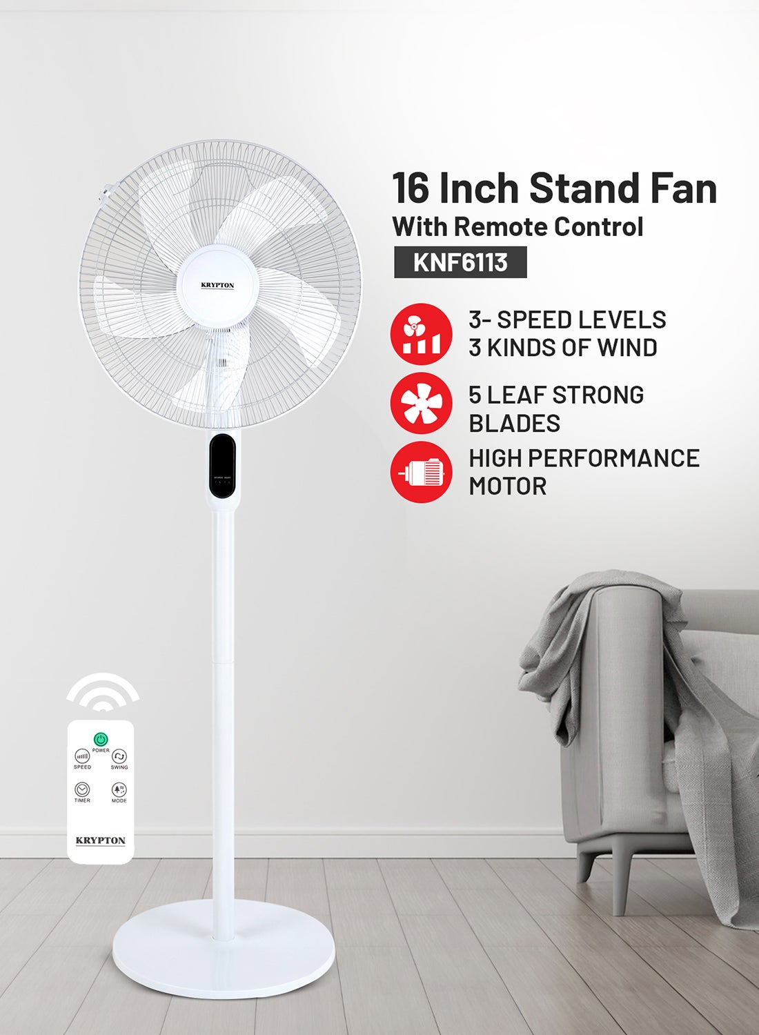 KRYPTON Stand Fan With Remote Control KNF6113 White 