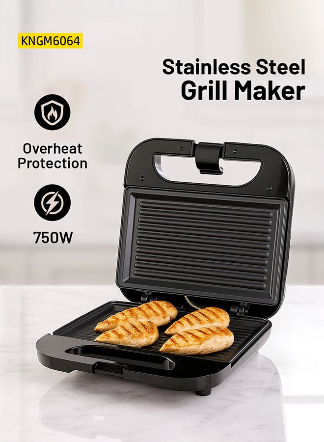 KRYPTON Electric Grill Maker with Non-Stick 2 Slice Plates | Automatic Temperature Control | Power On/Off Indicators | Easy to Clean | Perfect for Grilling Meat, Chicken, Vegetables 750 W KNGM6064S Black/Silver - Image 1