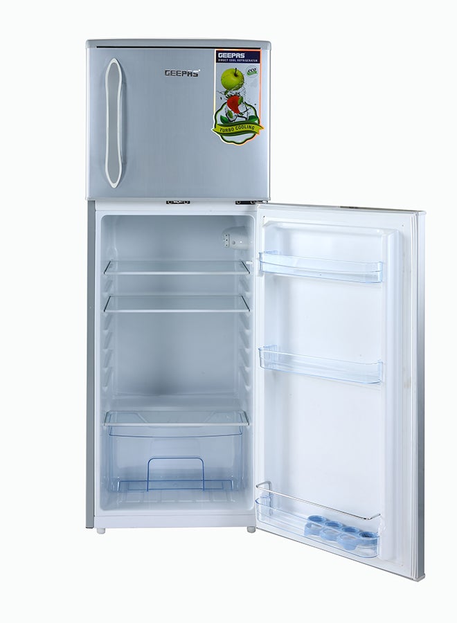 GEEPAS - 132 Liter Double Door Direct Cool Refrigerator Faster Cooling with Temperature Control| Tempered Glass Shelves, Extra Space and Long Lasting Freshness| Low Noise Design and Energy Saving| Crystal 120 W GRF1857WPN Silver - Image 1