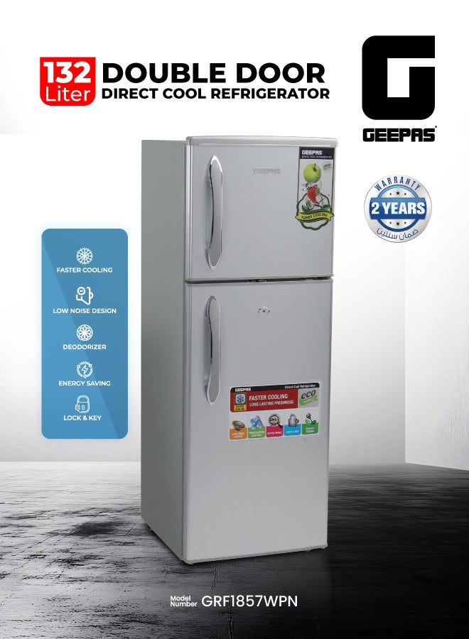 GEEPAS Double Door Direct Cool Refrigerator, 132L (4.7 Cu. Ft.), Crystal Silver - GRF1857WPN 120 W GRF1857WPN Silver - Image 2