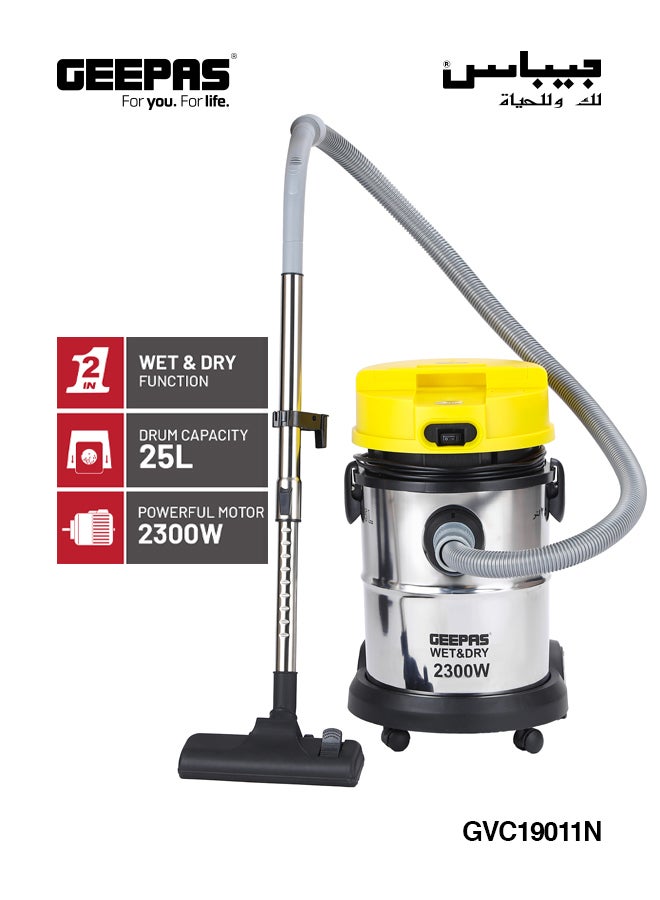 GEEPAS - Wet and Dry Stainless Steel Vacuum Cleaner with Elegant Body, Adjustable Suction on Handle / Power Rating : AC 220 – 240 (50/60 Hz) 25 L 2300 W GVC19011N Silver/Black/Yellow - Image 1