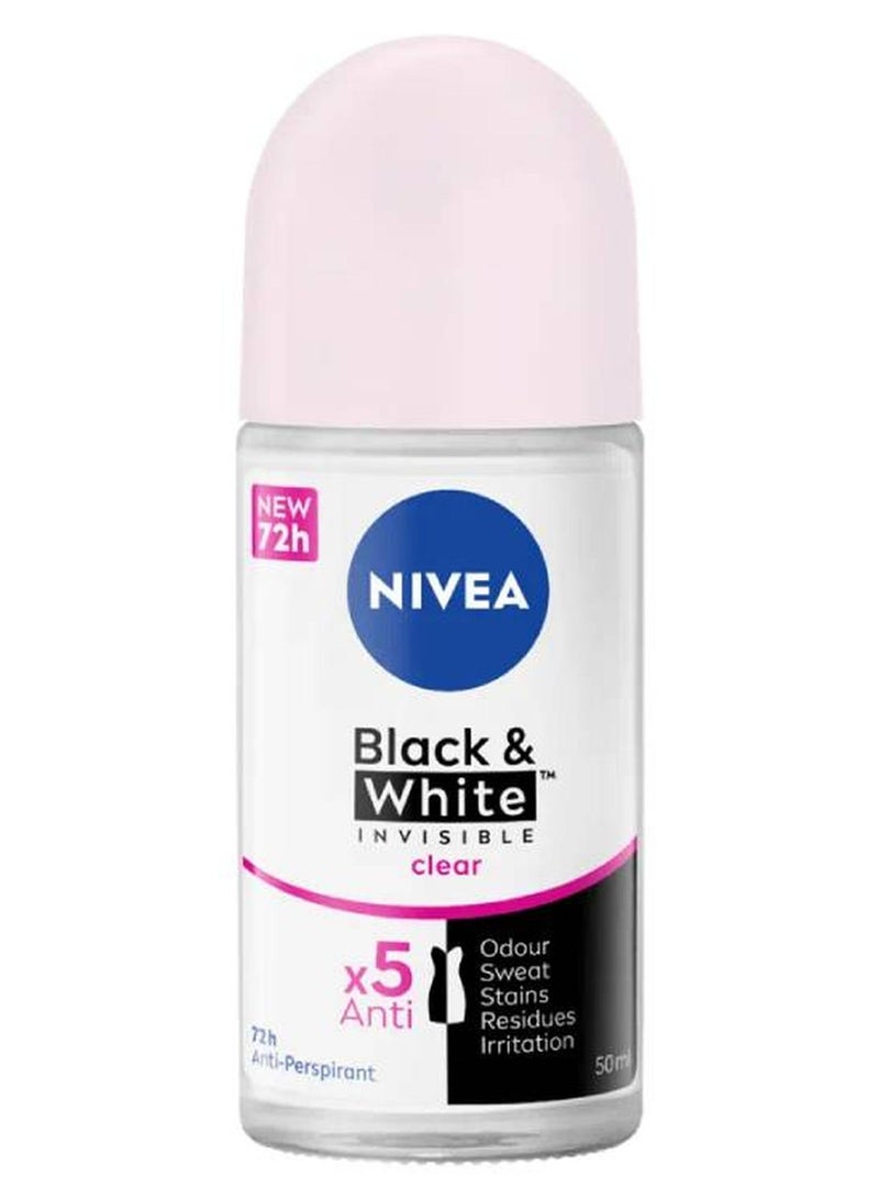 Nivea Black & White Invisible Clear, Antiperspirant for Women, Roll-on White/Black 50ml - Image 1
