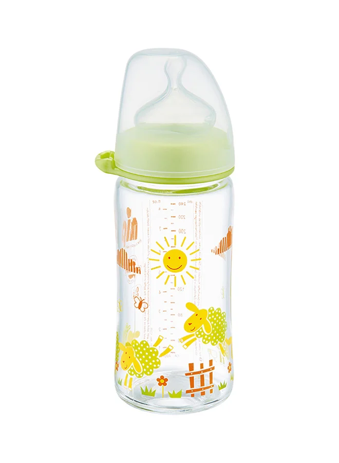 nip Wide Neck Glass Bottle, Heat Resistant Feeding Bottle, Non-Drip, BPA Free, 240 mL, Green Sheep, Unisex