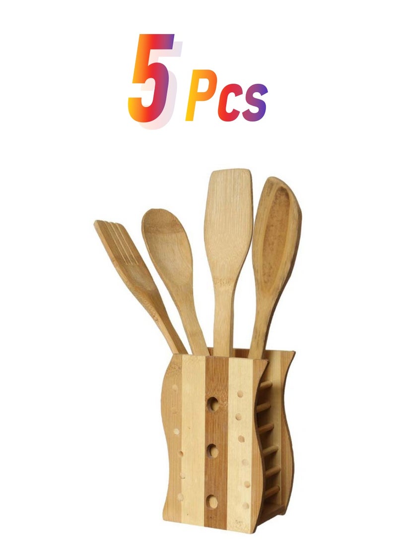 5-Piece Wooden Cutlery Set With Spoon Holder Beige/Brown 8 x 14cm 