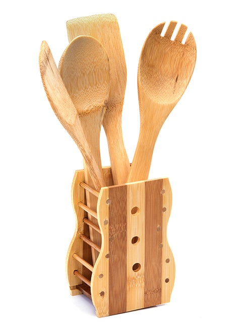 5 Piece Utensils Set Bamboo Cooking , Serving Wooden Spoon With Stand Each 30 Cm Long Sandal Yellow 30 x 6 x 0.5cm