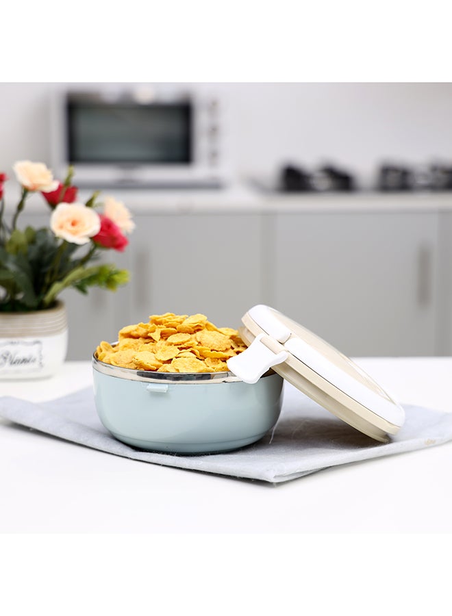 Royalford - Round Lunch Box Single Layer With Ss Inner 700Ml Portable Handle Vacuum  Easy Lock System Beige/White/Blue 700ml - Image 1