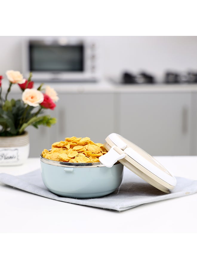 Royalford - Round Lunch Box Single Layer With Ss Inner 700Ml Portable Handle Vacuum  Easy Lock System Beige/White/Blue 700ml - Image 1