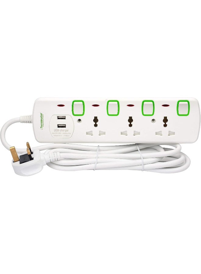 Terminator Power Extension 3 Socket 2 USB Charging Ports With 3 Meter Cable -TPB 853U White  - Image 3