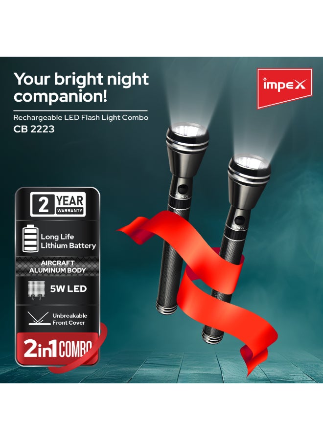 Impex 2-Piece Rechargeable Flashlight Set, Imported High Bright 5W Cree LED Torch, Aircraft Non-Corrosive Aluminum Body,2SC 2000mAh Battery,2 Years Warranty-CB 2223 Black 1kg  - Image 2