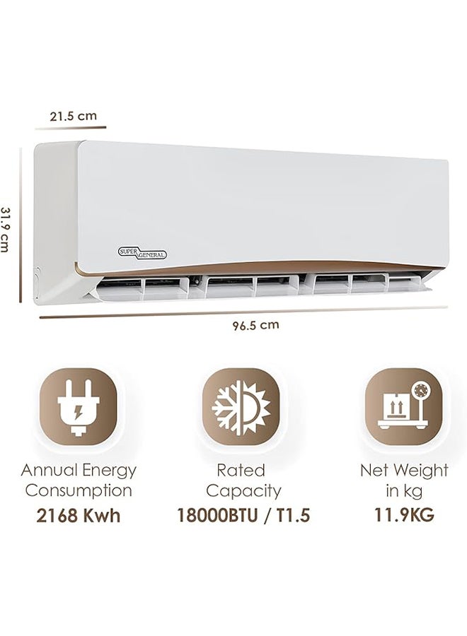 SUPER GENERAL - 1.5 Ton Split Air Conditioner, 18000 BTU, Rotary Compressor, Auto Restart, Gold Fin, 4-Way Swing - 96.5 x 21.5 x 31.9 Cm SGS195GE White - Image 1