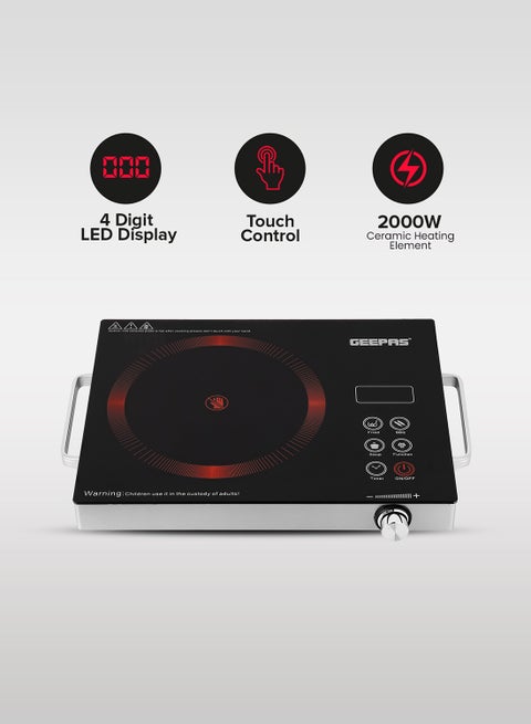 4 Digit LED Display Digital Infrared Cooker,High-Temperature Resistant Glass 280*360mm, Elegant Design, Fireproof Material, Stainless Steel Body,Ceramic Heating Element, With 10 levels Of watt Setting 2000 W GIC6920NV Black/Red/Grey