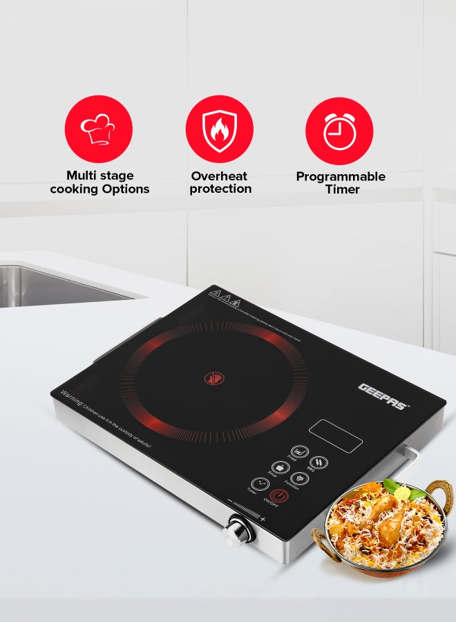 GEEPAS 4 Digit LED Display Digital Infrared Cooker,High-Temperature Resistant Glass, Elegant Design, Fireproof Material, Stainless Steel Body,Ceramic Heating Element, With 10 levels Of watt Setting GIC6920NV Black - Image 2