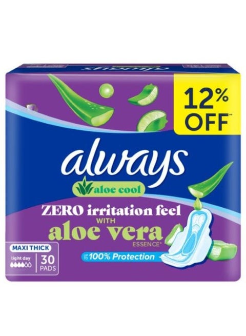 Aloe Cool Disposable Pads With Aloe Vera Essence For Light Days For Zero Irritation Feel Long Maxi Thick Pads With Wings 30 Count