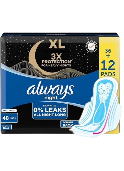 XL Night Pads, 3x Protection for Heavy Nights, Maxi Thick, 48 Pads