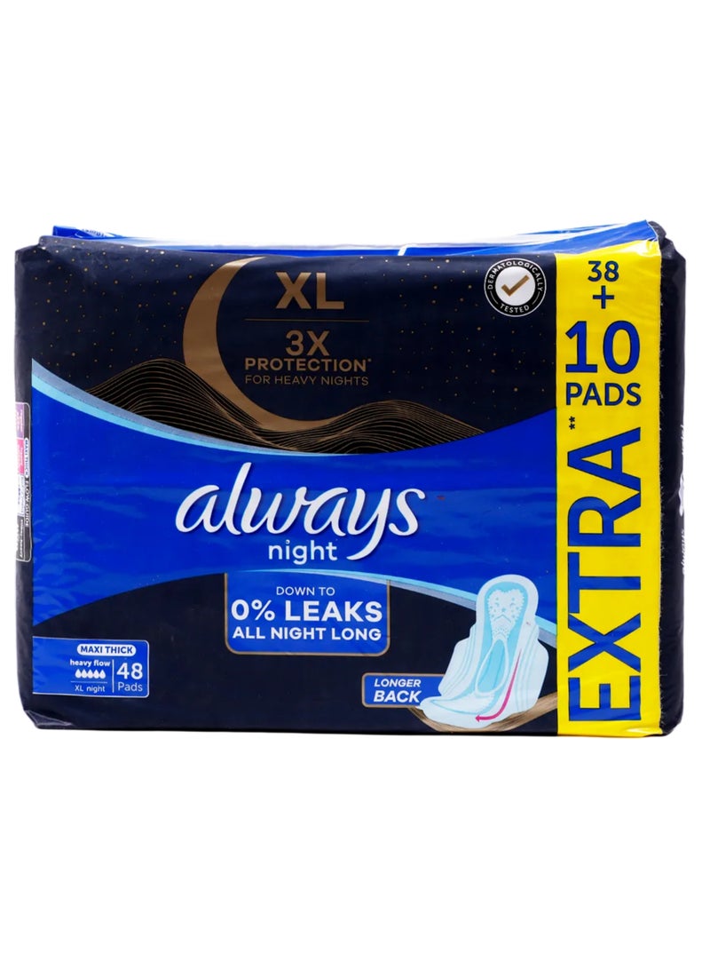 Always XL Night Pads, 3x Protection for Heavy Nights, Maxi Thick, 48 Pads - Image 1