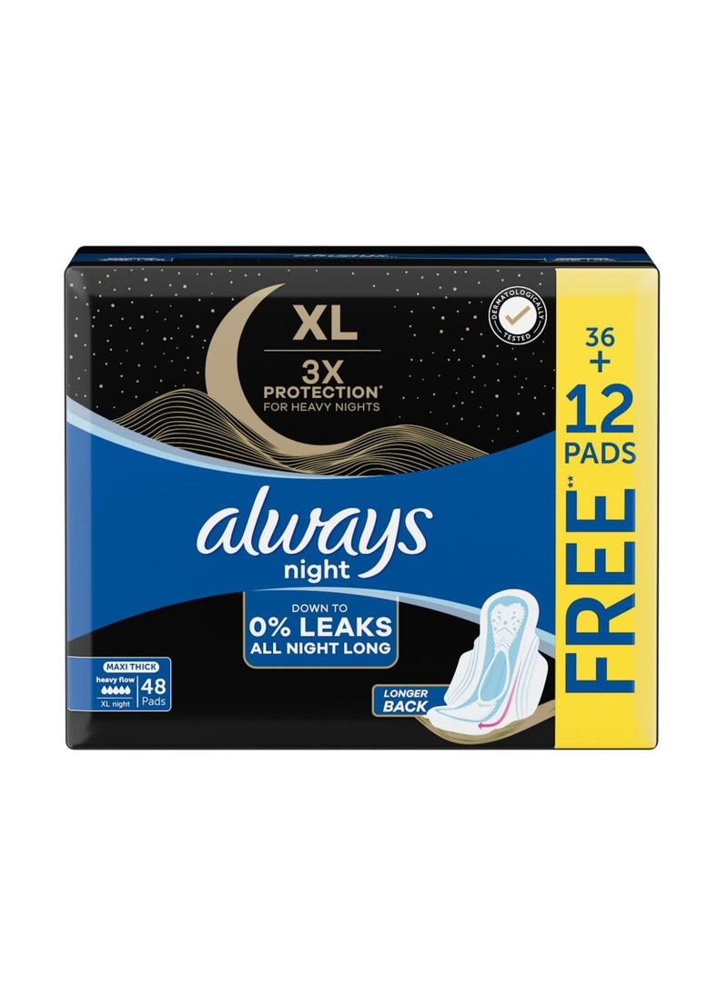 Always XL Night Pads, 3x Protection for Heavy Nights, Maxi Thick, 48 Pads - Image 1